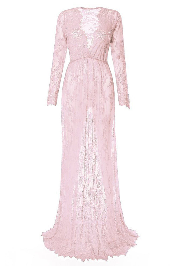 Sexy Long Sleeves Sheer Lace Maternity Baby Shower Dress, Pink / XL Sexy Long Sleeves Sheer Lace Maternity Baby Shower Dress, Pink / XL