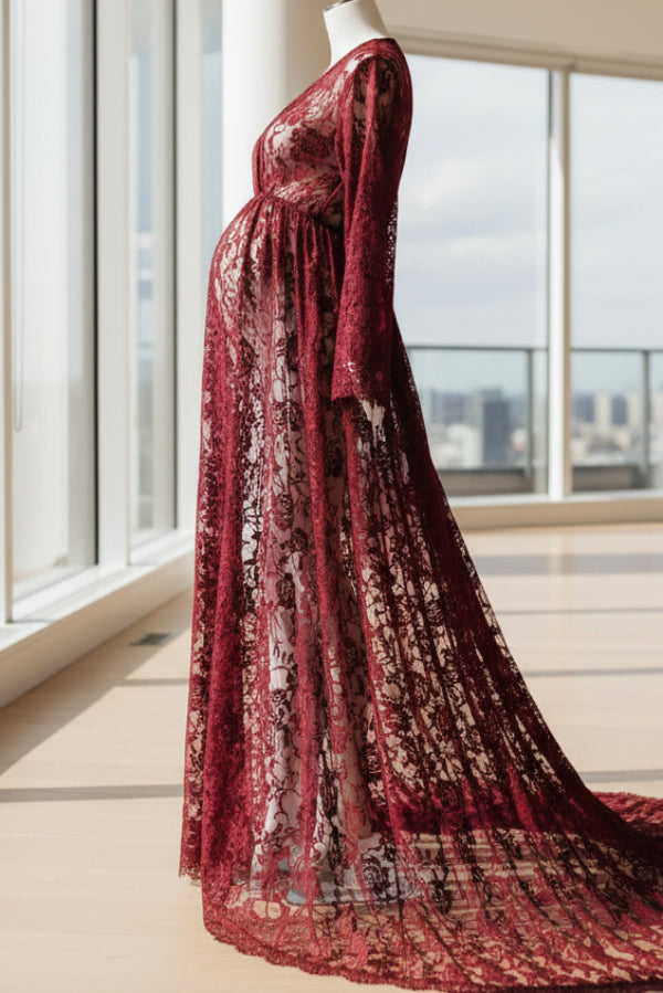 red lace maternity dress for photoshoot Maxi Dresses Azrian Womens Maternity Dresses Ladies Fashion Sexy Mesh Lace Long Sleeve Photography Mopping Long Dress,Maternity Red M