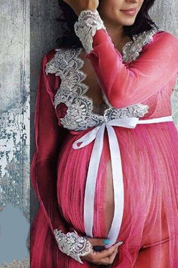 long sleeve sheer maternity dress Lace Long Sleeve and Chiffon Dress