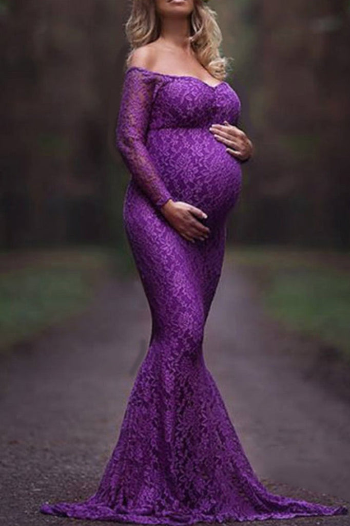 Soft Lace Off-The-Shoulder Maternity Mermaid Dress, Royal Blue / 2XL Soft Lace Off-The-Shoulder Maternity Mermaid Dress, Royal Blue / 2XL