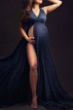 Sparkly Halter High Slit Backless Maternity Photograph Dress