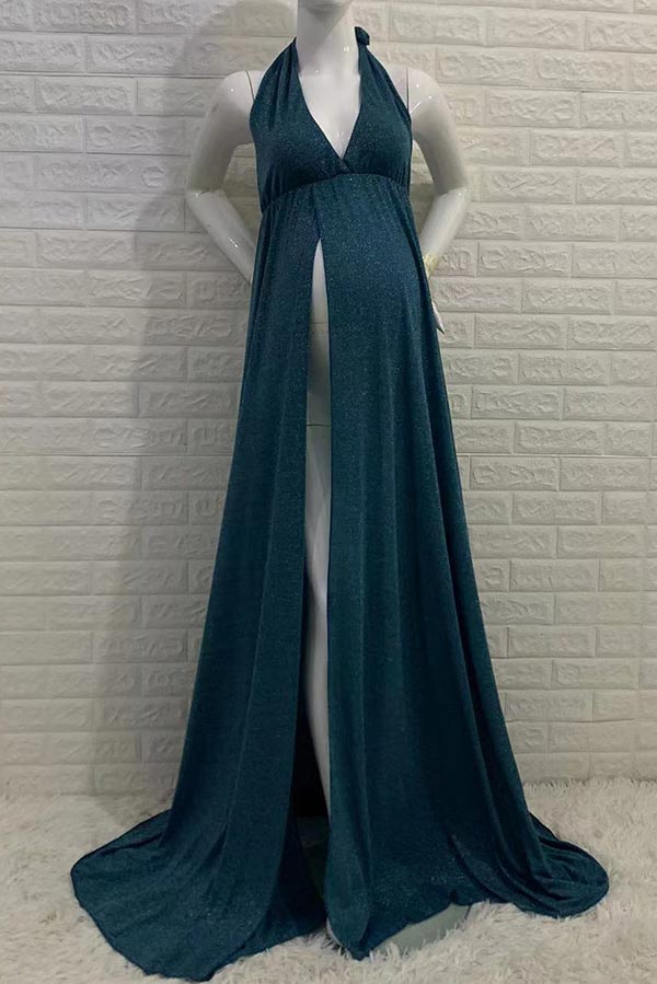 Sparkly Halter High Slit Backless Maternity Photograph Dress, Ink Blue / XL Sparkly Halter High Slit Backless Maternity Photograph Dress, Ink Blue / XL