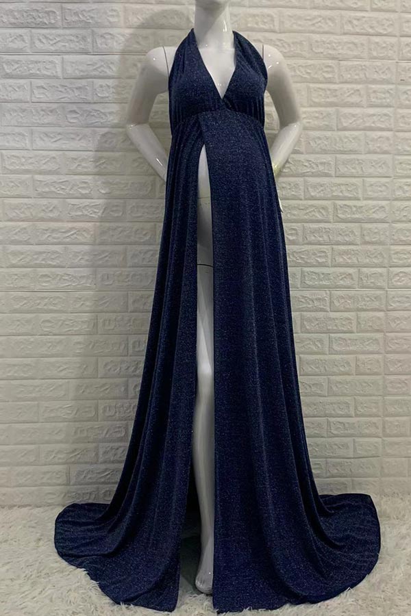 Sparkly Halter High Slit Backless Maternity Photograph Dress, Dark Navy / M Sparkly Halter High Slit Backless Maternity Photograph Dress, Dark Navy / M