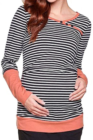 Striped Round Neck Nursing Double Layered Maternity Top