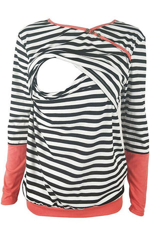 Striped Round Neck Nursing Double Layered Maternity Top