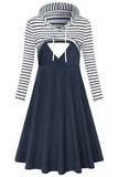 Striped Two-tone Long Sleeves Hooded Nursing Dress