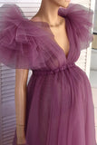 V-neck Soft Tulle  Ruffled Maternity Baby Shower Dress