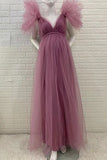 V-neck Soft Tulle  Ruffled Maternity Baby Shower Dress