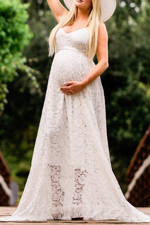 White Vintage Backless Lace Maternity Photoshoot Gown