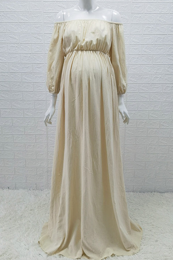 Vintage Boho Off-the-shoulder Maternity Maxi Dress, Champagne / L Vintage Boho Off-the-shoulder Maternity Maxi Dress, Champagne / L
