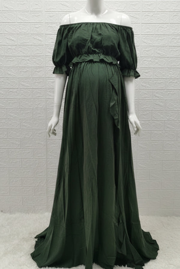 Vintage Cotton Off-the-shoulder Two-piece Maternity Photoshoot Dress, Dark Green / L Vintage Cotton Off-the-shoulder Two-piece Maternity Photoshoot Dress, Dark Green / L