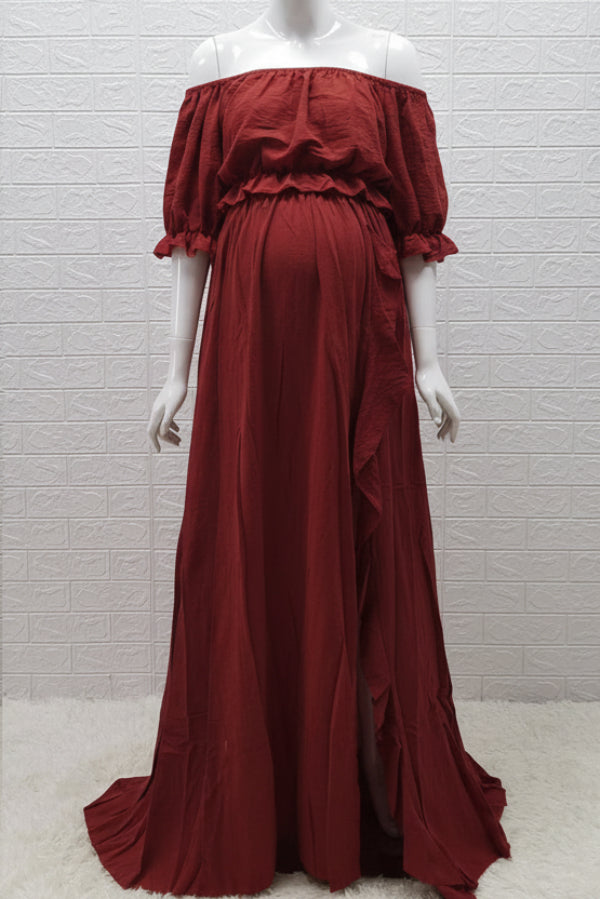 maternity cotton maxi dress Vintage Cotton Off-the-shoulder Two-piece Maternity Photoshoot Dress, Dark Red / maternity cotton maxi dress Vintage Cotton Off-the-shoulder Two-piece Maternity Photoshoot Dress, Dark Red /