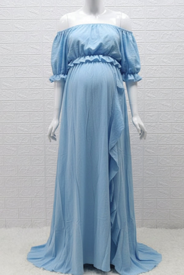Vintage Cotton Off-the-shoulder Two-piece Maternity Photoshoot Dress, Light Sky Blue / 2XL Vintage Cotton Off-the-shoulder Two-piece Maternity Photoshoot Dress, Light Sky Blue / 2XL