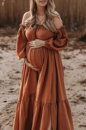 Vintage Off-the-shoulder High Slit Boho Matenrity Photoshoot Dress