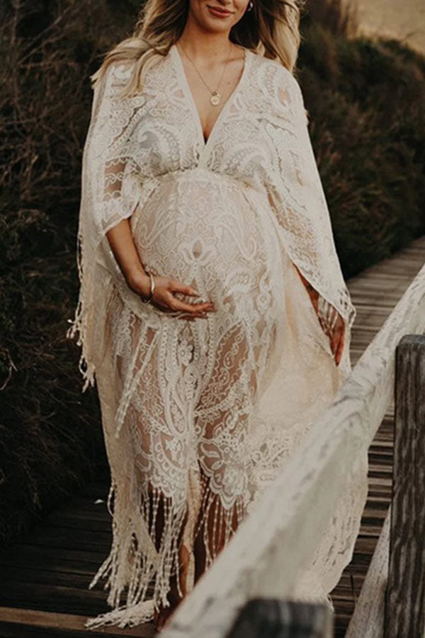 White Lace Boho See-through Maternity Photoshoot Dress