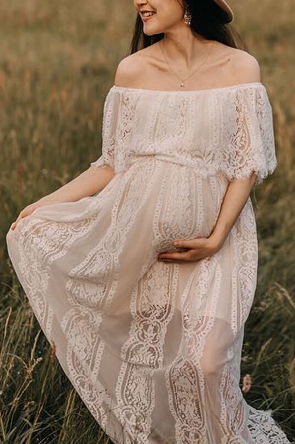 White Lace Off-the-shoulder Maternity Photoshoot Dress