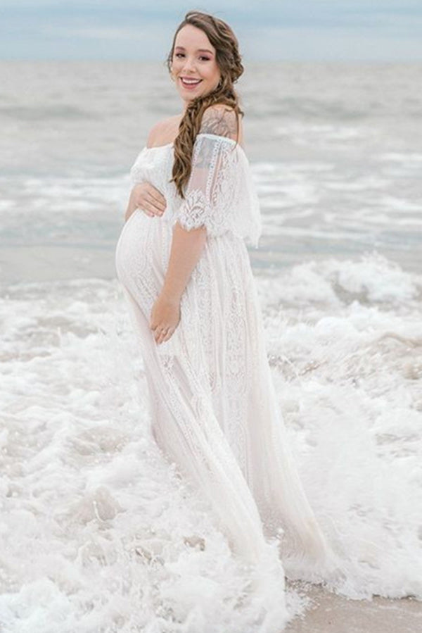 Maternity Photoshoot Dress White Momyknows White Off Shoulder Lace Tiered Boat Neck Flowy Maternity Photoshoot Dress White Momyknows White Off Shoulder Lace Tiered Boat Neck Flowy