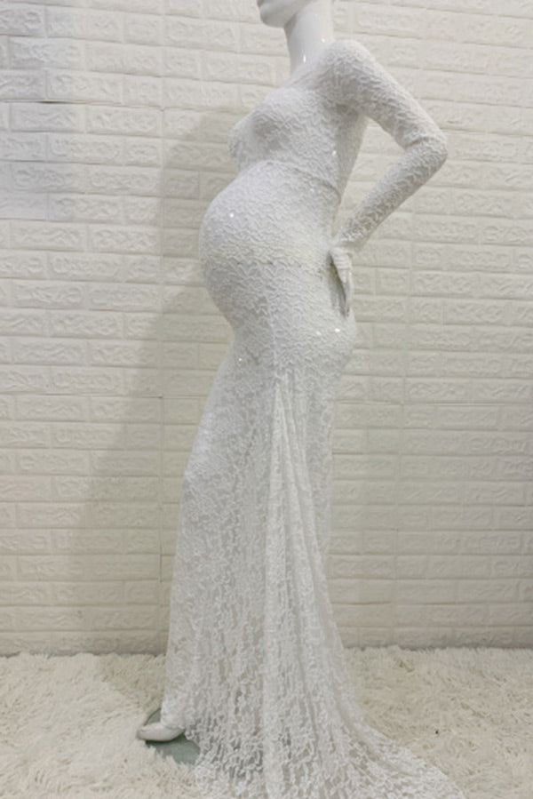 White Lace See-through Long Sleeves Maternity Photoshoot Dress | GLAMIX Glamix Maternity White Lace See-through Long Sleeves Maternity Photoshoot Dress | GLAMIX Glamix Maternity