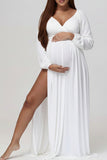 White Long Sleeves Cotton High Slit Maternity Photoshoot Dress