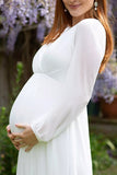 White Long Sleeves Cotton High Slit Maternity Photoshoot Dress