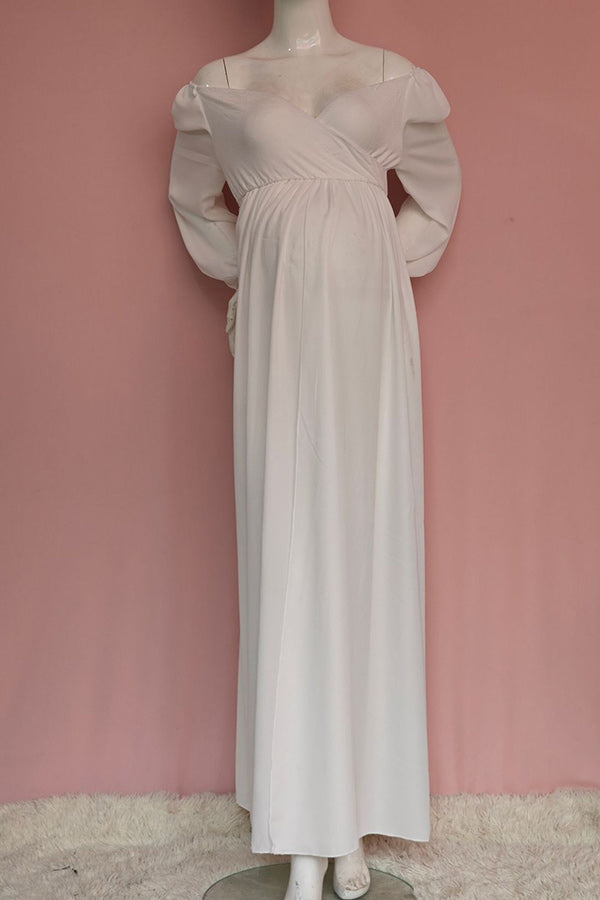 White Long Sleeves Cotton High Slit Maternity Photoshoot Dress, White / L