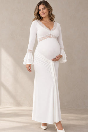 White Long Sleeves V-neck Maternity Photoshoot Dress