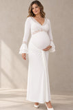 White Long Sleeves V-neck Maternity Photoshoot Dress