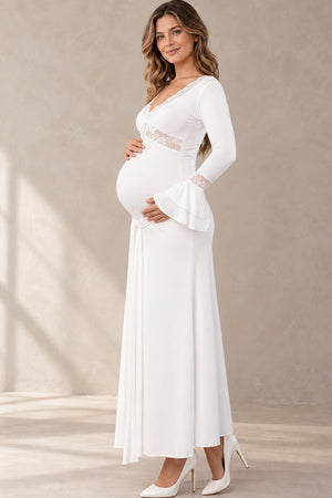White Long Sleeves V-neck Maternity Photoshoot Dress
