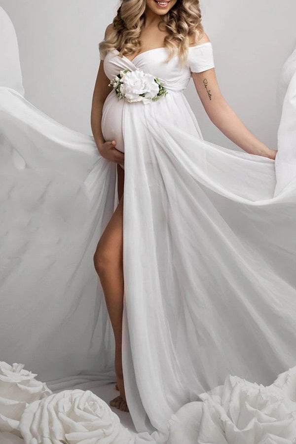 White Off-the-shoulder Maternity Photoshoot Dress