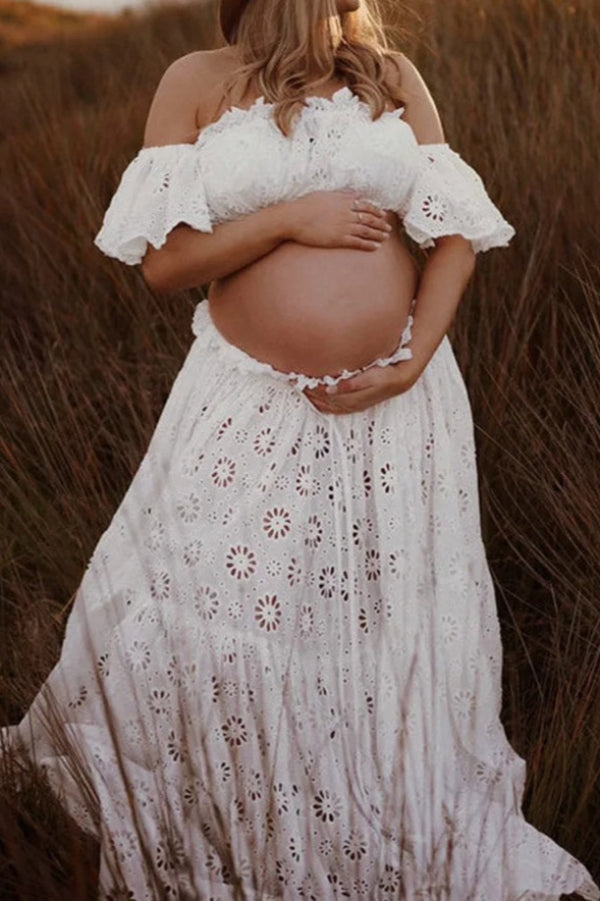 White Sexy Two-piece Lace Maternity Photoshoot Beach Dress, White / S