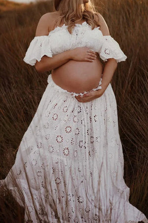 White Sexy Two-piece Lace Maternity Photoshoot Beach Dress