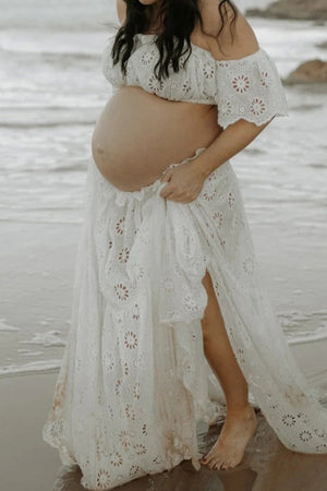 White Sexy Two-piece Lace Maternity Photoshoot Beach Dress