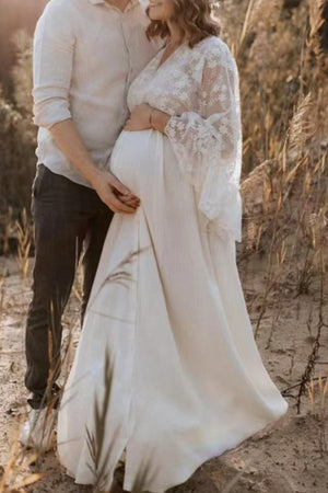 White Vintage Boho Puffy Sleeves Maternity Photoshoot Dress