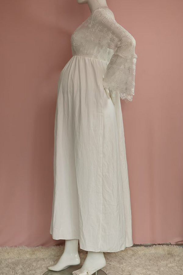 boho dress white lace White Vintage Boho Puffy Sleeves Maternity Photoshoot Dress, White / M