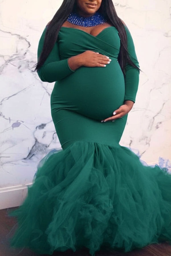 Royal Blue Off-the-shoulder Mermaid Maternity Photoshoot Gown, Dark Green / S Royal Blue Off-the-shoulder Mermaid Maternity Photoshoot Gown, Dark Green / S