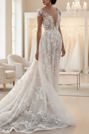 White lace wedding dress on a person standing in a natural setting