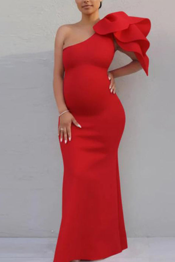 One-shoulder Fitted Long Maternity Photoshoot Dress, Red / S One-shoulder Fitted Long Maternity Photoshoot Dress, Red / S