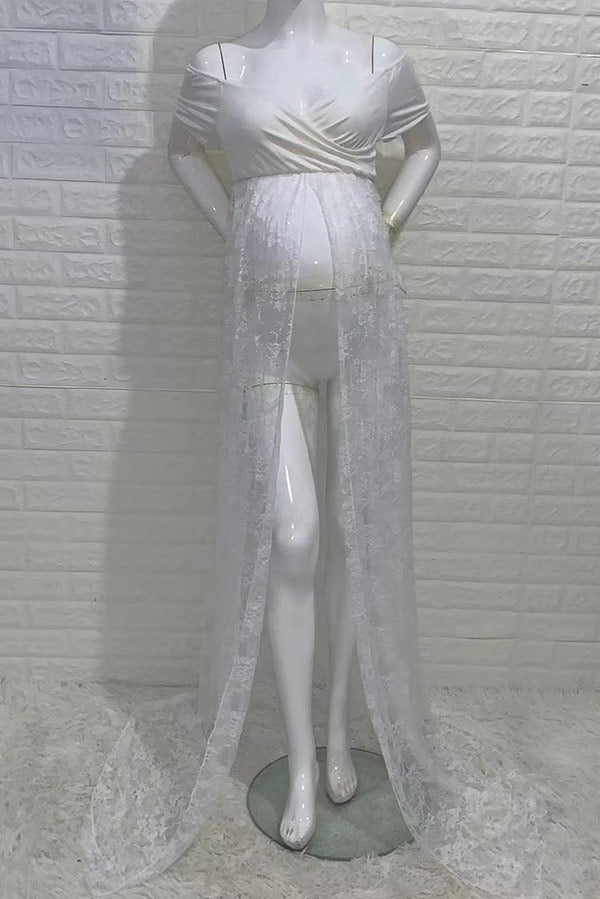 Lace High Slit Off-the-shoulder Maternity Baby Shower Dress