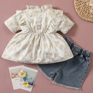 [12M-4Y] 2pcs Baby Girls Floral Print Short-Sleeve Ruffle Top and Pants Set