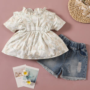 [12M-4Y] 2pcs Baby Girls Floral Print Short-Sleeve Ruffle Top and Pants Set