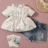 [12M-4Y] 2pcs Baby Girls Print Short-Sleeve Ruffle Top and Pants Set