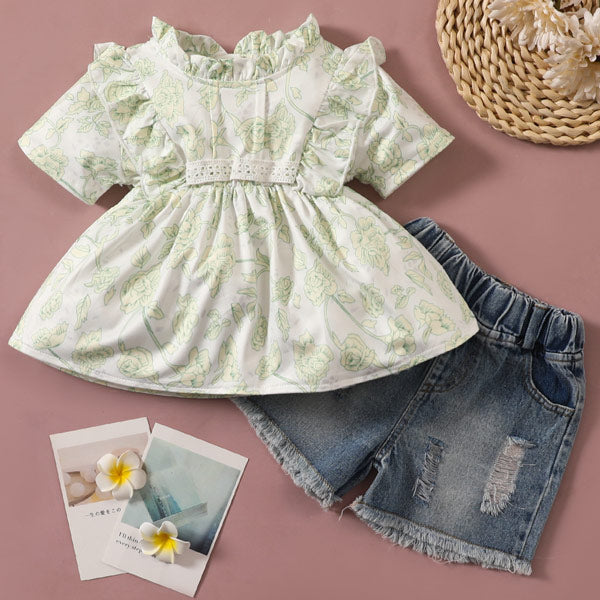 [12M-4Y] 2pcs Baby Girls Floral Print Short-Sleeve Ruffle Top and Pants Set