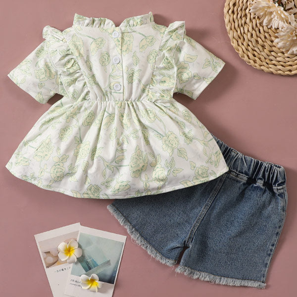 [12M-4Y] 2pcs Baby Girls Print Short-Sleeve Ruffle Top and Pants Set - Glamix Maternity
