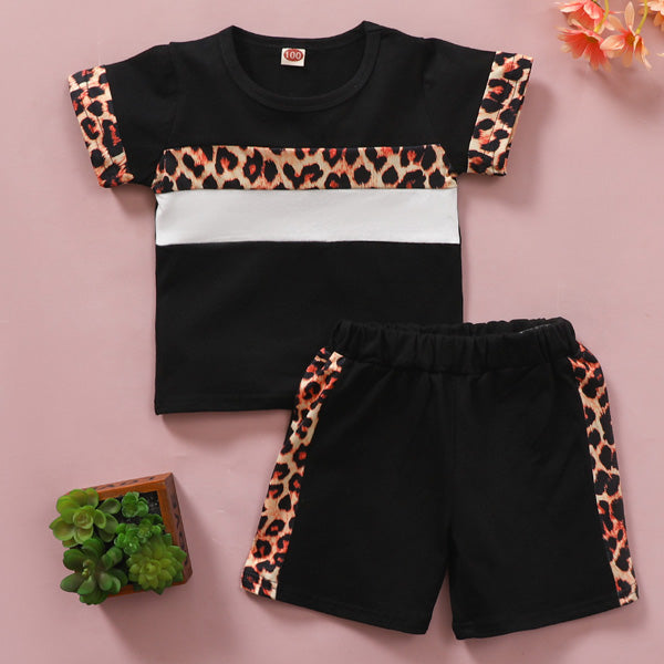 [6M-4Y] 2pcs Baby Girls Leopard Print Stitching T-Shirt & Shorts