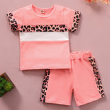 [6M-4Y] 2pcs Baby Girls Leopard Print Stitching T-Shirt & Shorts