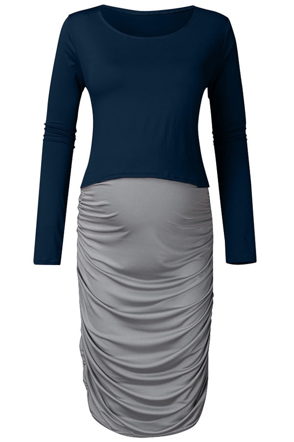 2pcs Solid Color Tight Midi Pregnancy Dress & Long SLeeves Top