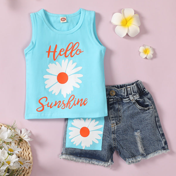 [6M-4Y] 2pcs Summer Baby Girls Daisy Vest Top Denim Shorts