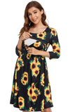 3/4 Sleeve Bateau Neckline Sunflower Short Breastfeeding Dress