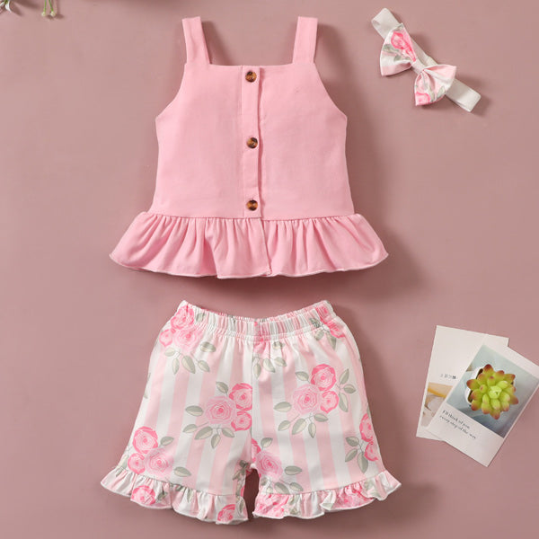 [12M-4Y] 3pcs Baby Girls Ribbed Rose Floral Print Sleeveless Set