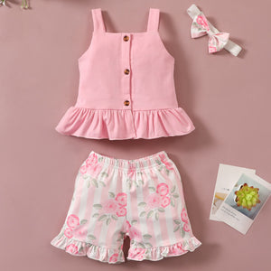 [12M-4Y] 3pcs Baby Girls Ribbed Rose Floral Print Sleeveless Set